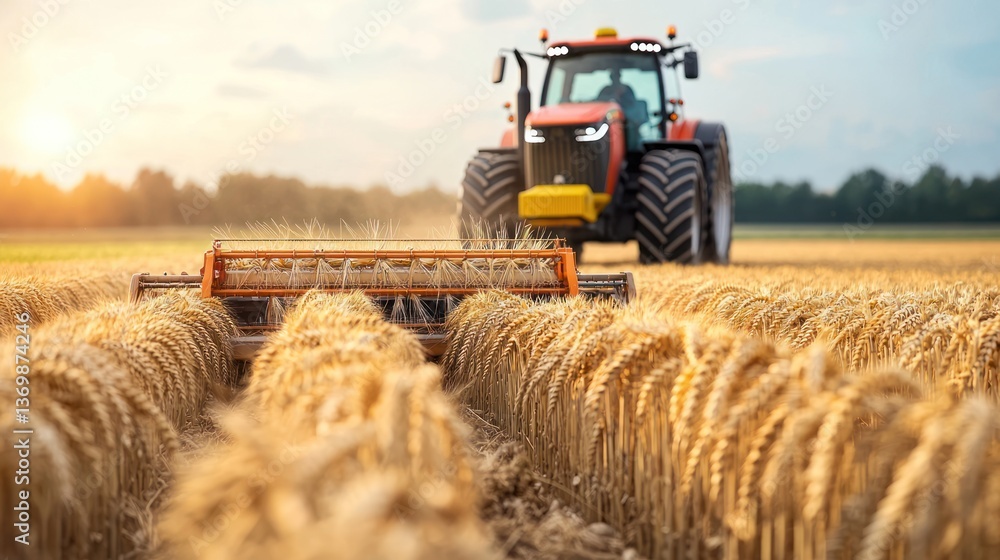 Obraz premium Tractor cultivating ripe wheat field at sunset