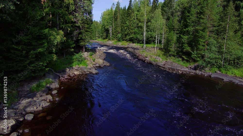 The road along which the car drives along the forest river in. Shooting from above The road along which the car drives along the forest river in. Shooting from above