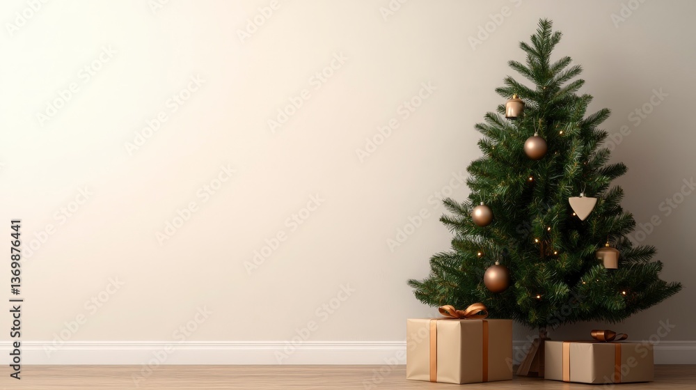 Modern Christmas Tree with Geometric Ornaments and Elegant Gifts in a Minimalist Setting Modern Christmas Tree with Geometric Ornaments and Elegant Gifts in a Minimalist Setting