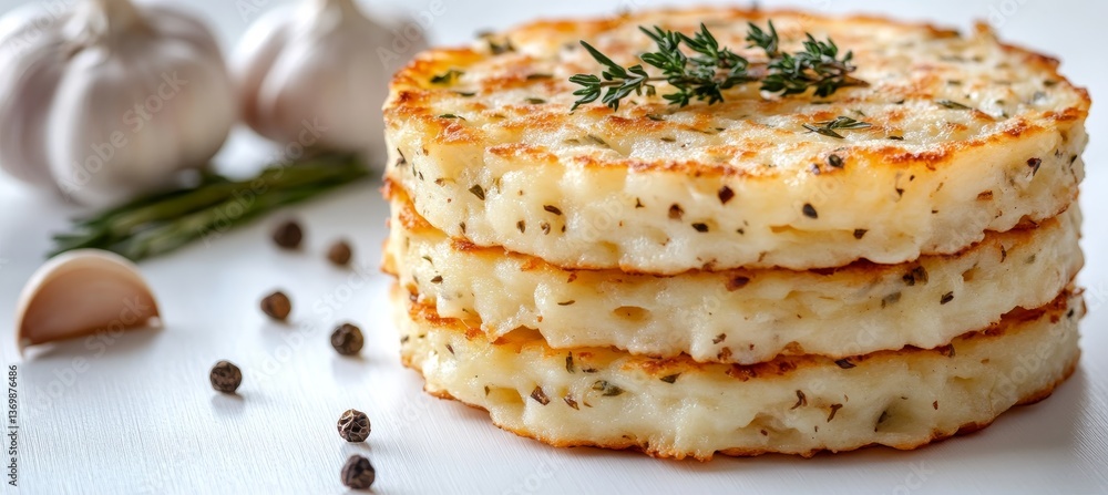 Crispy Potato Pancakes Stacked with Fresh Herbs, Spices, and Background of Garlic Bulbs Crispy Potato Pancakes Stacked with Fresh Herbs, Spices, and Background of Garlic Bulbs