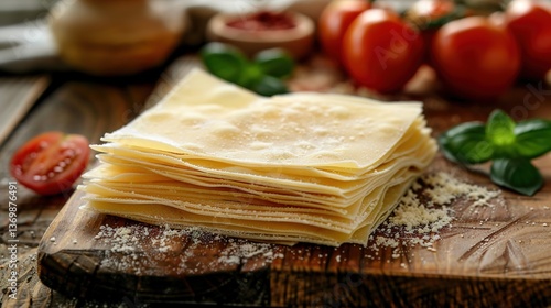 Dried uncooked lasagna pasta sheets with fresh tomato, italian cuisine ingredients, traditional cooking, homemade meal preparation, authentic mediterranean food