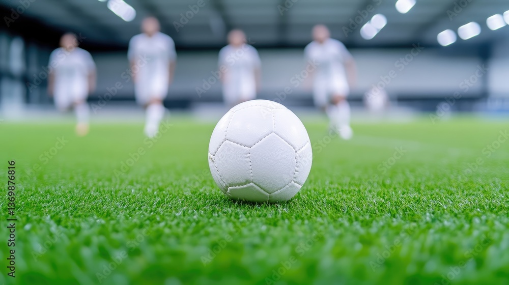 Fototapeta premium White soccer ball on a green field, blurred players in the background