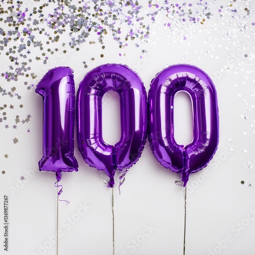 Purple balloon number 100 for hundredth birthday or anniversary party. White background with confetti