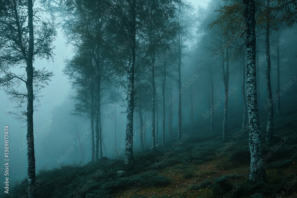 Fototapeta premium A dense forest with tall trees enveloped in a mystical fog