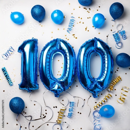 Blue balloon number 100 for hundredth birthday or anniversary party. White background with confetti