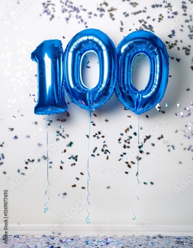 Blue balloon number 100 for hundredth birthday or anniversary party. White background with confetti