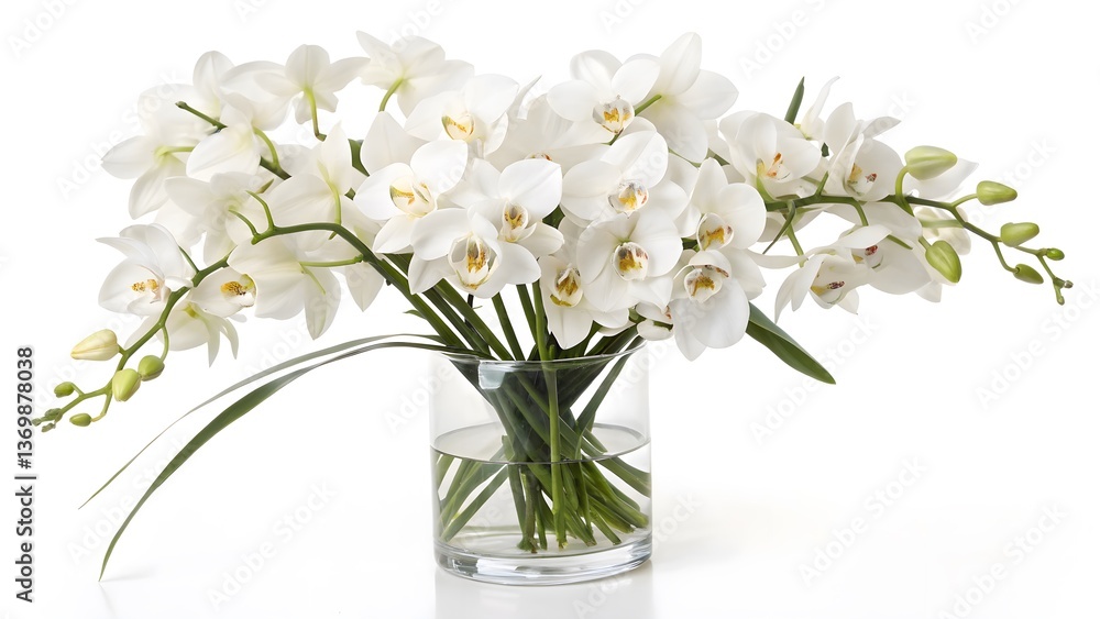Minimalist Bouquet of White Orchids in a Sleek Glass Vase, Isolated on a White Background, symbolizing purity and luxury, Professional Luxury Floral Arrangement Stock Image Minimalist Bouquet of White Orchids in a Sleek Glass Vase, Isolated on a White Background, symbolizing purity and luxury, Professional Luxury Floral Arrangement Stock Image