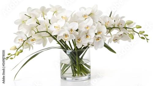 Minimalist Bouquet of White Orchids in a Sleek Glass Vase, Isolated on a White Background, symbolizing purity and luxury, Professional Luxury Floral Arrangement Stock Image