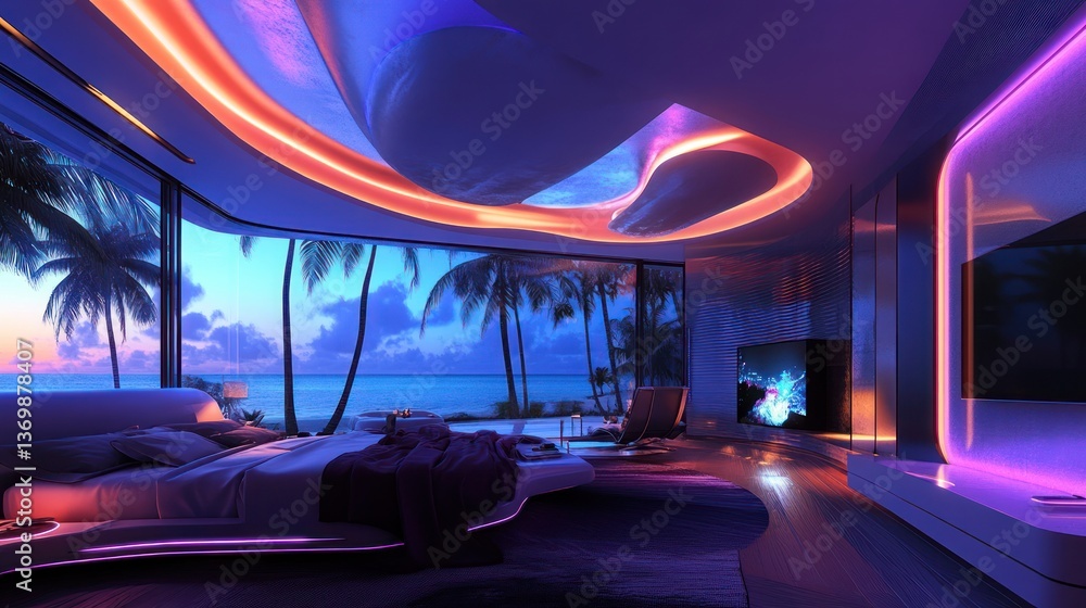 Futuristic bedroom overlooking tropical beach (1) Futuristic bedroom overlooking tropical beach (1)