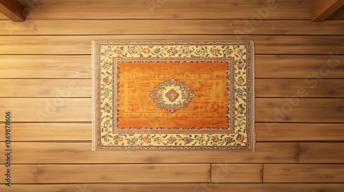 Top-down view of an orange ornamental rug on a wooden floor creating a warm and inviting ambiance