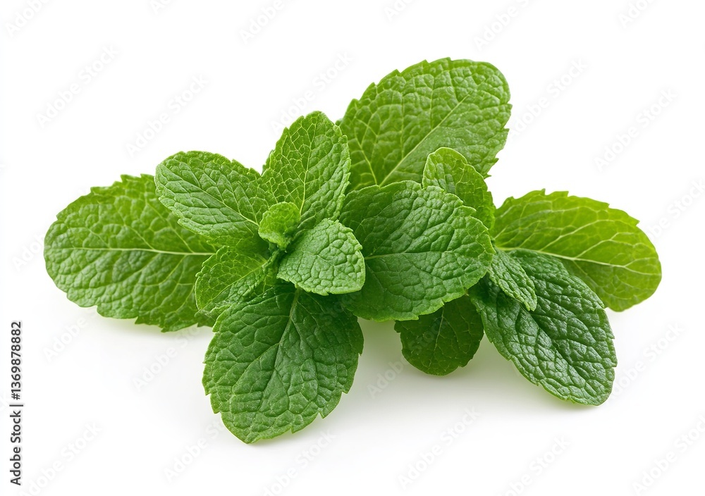 Mint Leaves Close-Up on White Background with Soft Focus Mint Leaves Close-Up on White Background with Soft Focus