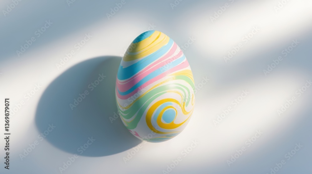 Obraz premium A decorative Easter egg with a vibrant mix of pastel colors, illuminated by soft natural