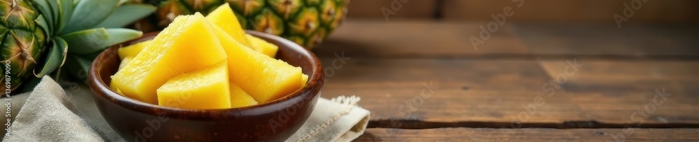 Sliced pineapple in ceramic bowl on wooden table , ceramic, color, sunshine Sliced pineapple in ceramic bowl on wooden table , ceramic, color, sunshine