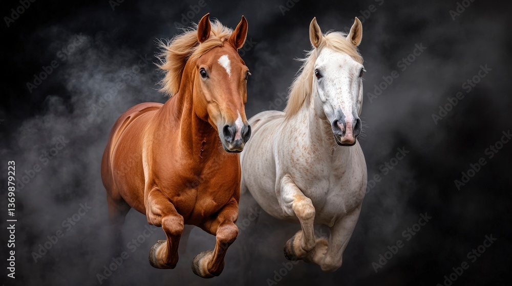 Obraz premium Horses Performing Acrobatic Moves in a Dramatic Scene with Dust and Motion Effects