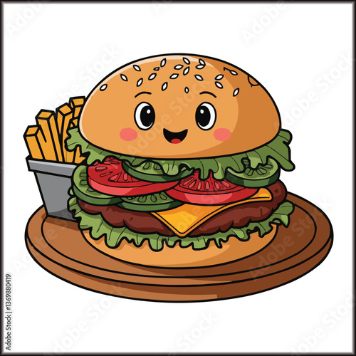 Isolated fast food cheeseburger with lettuce and tomato on a white bun with all editable