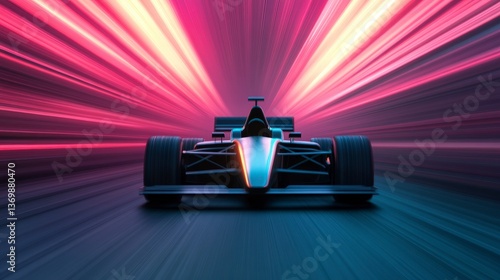 Futuristic F1 Car Speeding on Neon Lit Track in Vibrant Colors and Dynamic Motion Blurs