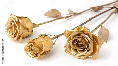 Gold-Painted Dried Roses with Delicate Textures, Isolated on a White Background, perfect for modern home decor and elegant floral styling, Clean and Modern Botanical Stock Photo