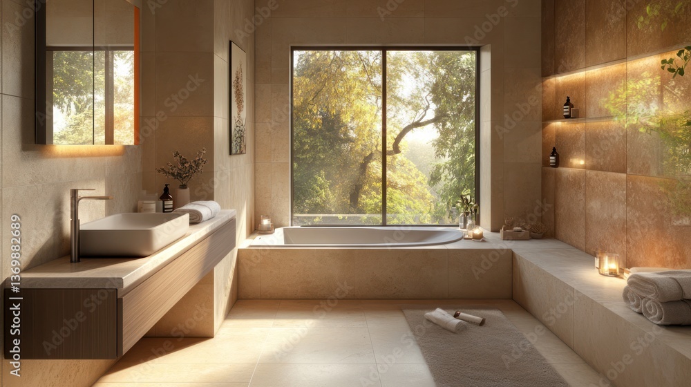 Modern bathroom with window view, relaxing spa-like ambiance Modern bathroom with window view, relaxing spa-like ambiance