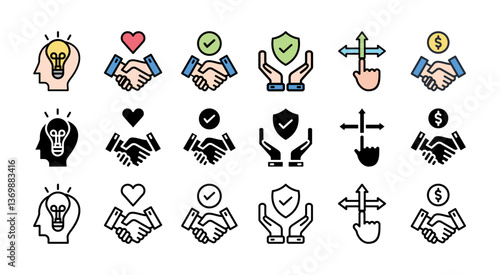 BUSINESS ETHICS, icon set with multiple style business plan with an icon of meeting, collaboration, analysis, brainstorming, plan, communication, and summary