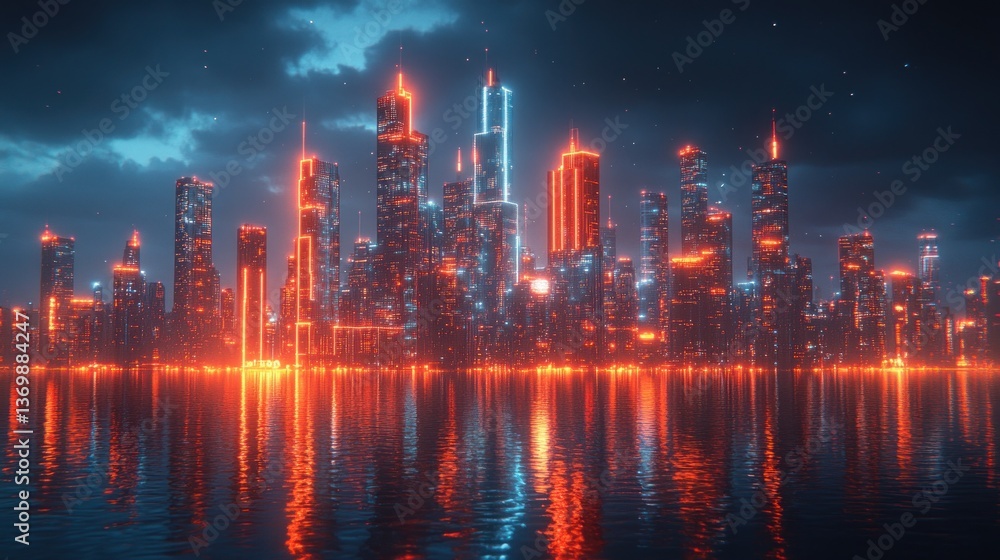 Obraz premium Neon Cityscape at Night: Futuristic Metropolis Reflected in Calm Waters