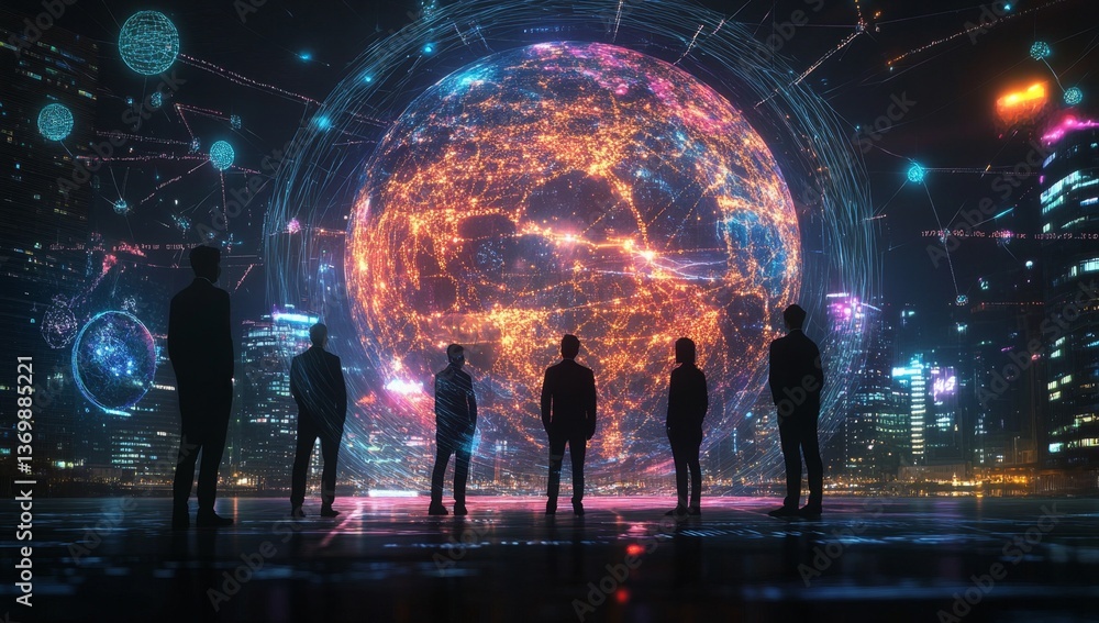A group of business people standing in front of an illuminated globe, surrounded by digital connections and a cityscape at night A group of business people standing in front of an illuminated globe, surrounded by digital connections and a cityscape at night