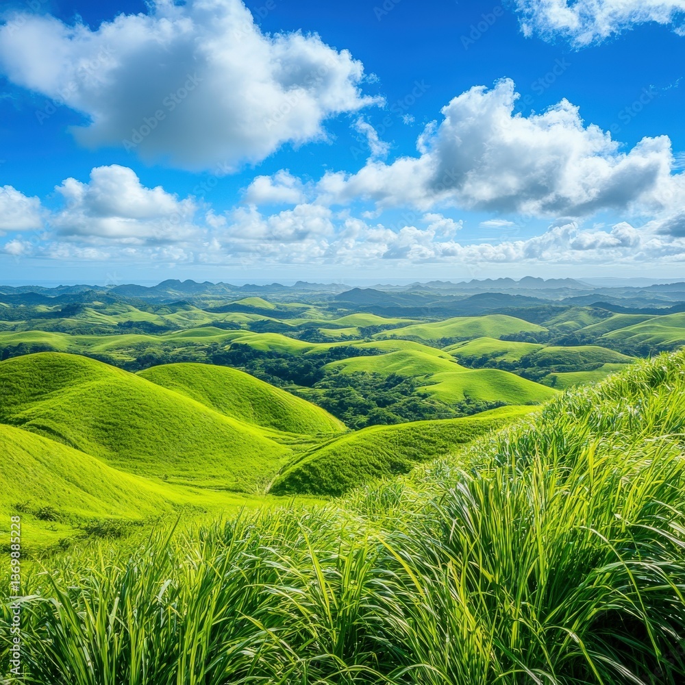 Vibrant green hills under a bright blue sky Vibrant green hills under a bright blue sky