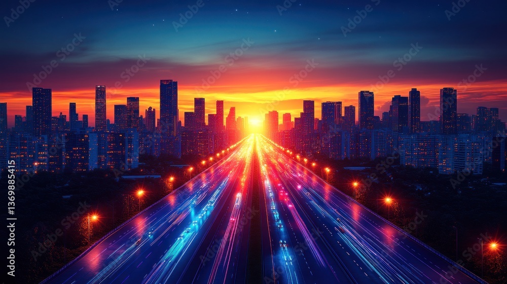 Fototapeta premium Vibrant Cityscape at Sunset: Highway Leading to a Glowing Metropolis