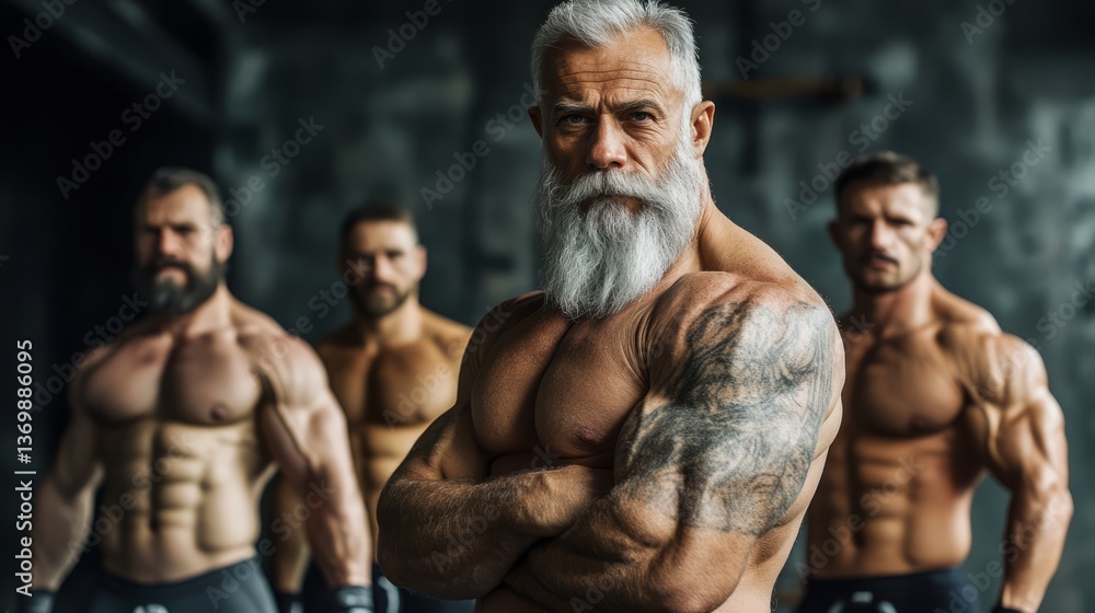 Fototapeta premium Powerful Fitness Men Team. Strong Senior Man In Foreground And Young Muscular Athletes On The Background. Sport And Healthy Lifestyle.