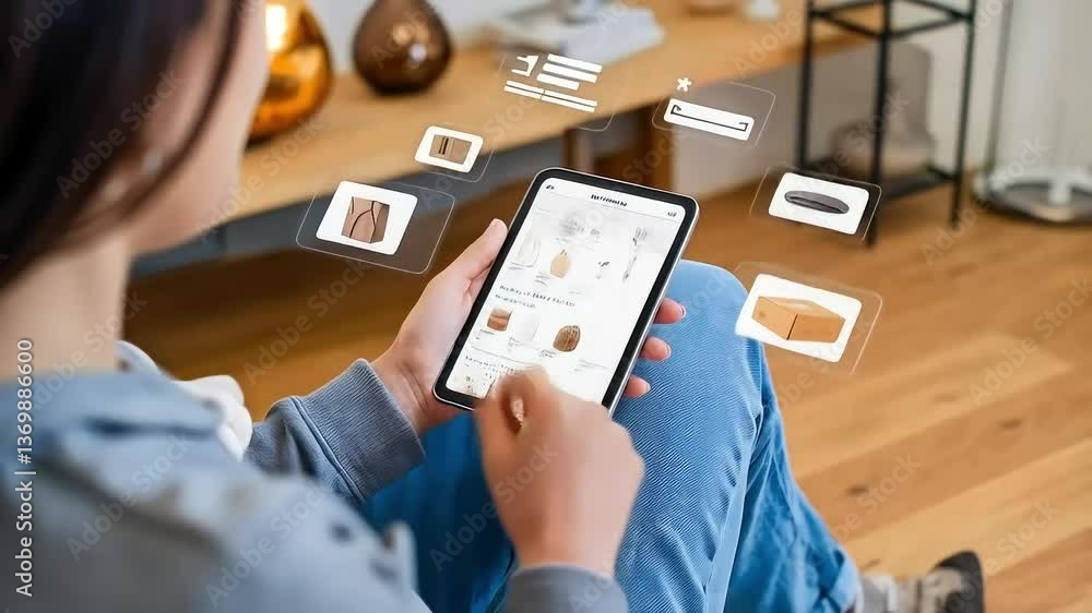 Woman browsing online store on tablet with floating AR icons showing products and interface elements