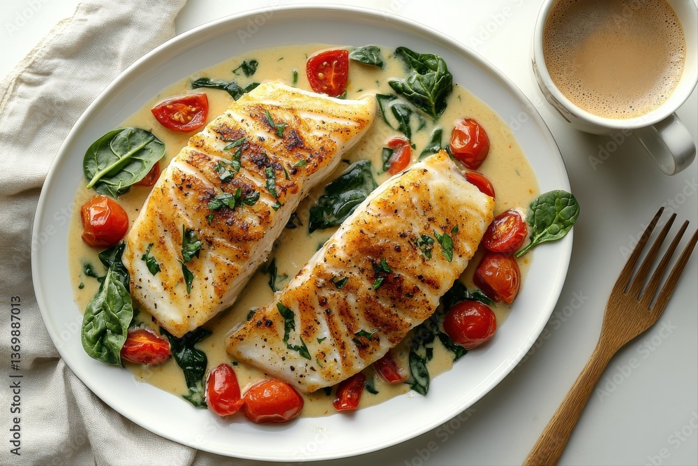 Delicious Fish Fillet with Tomatoes and Spinach. Grilled fish fillet served with sauteed tomatoes and fresh spinach in creamy sauce. Delicious Fish Fillet with Tomatoes and Spinach. Grilled fish fillet served with sauteed tomatoes and fresh spinach in creamy sauce.