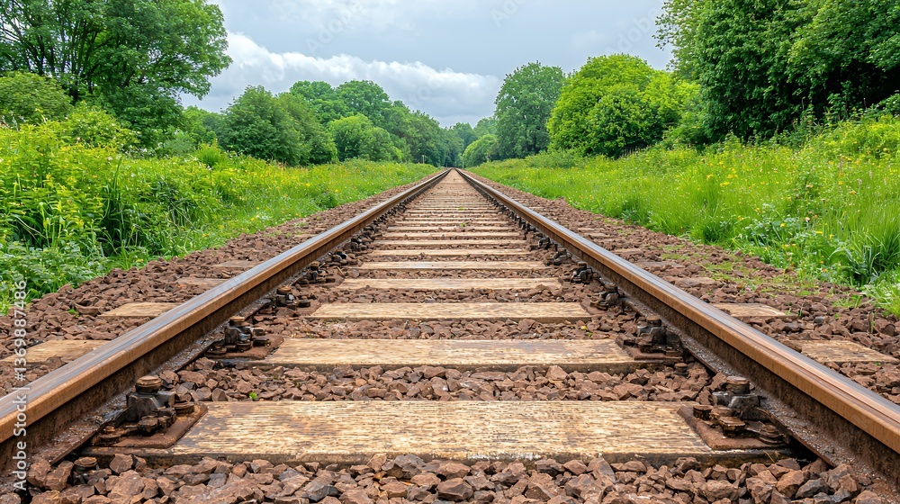 Fototapeta premium Receding Train Tracks Through Lush Green Summer Landscape