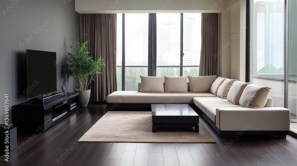 Modern living room with large windows, comfortable sectional sofa, and flat screen TV. Great for showcasing interior design Modern living room with large windows, comfortable sectional sofa, and flat screen TV. Great for showcasing interior design
