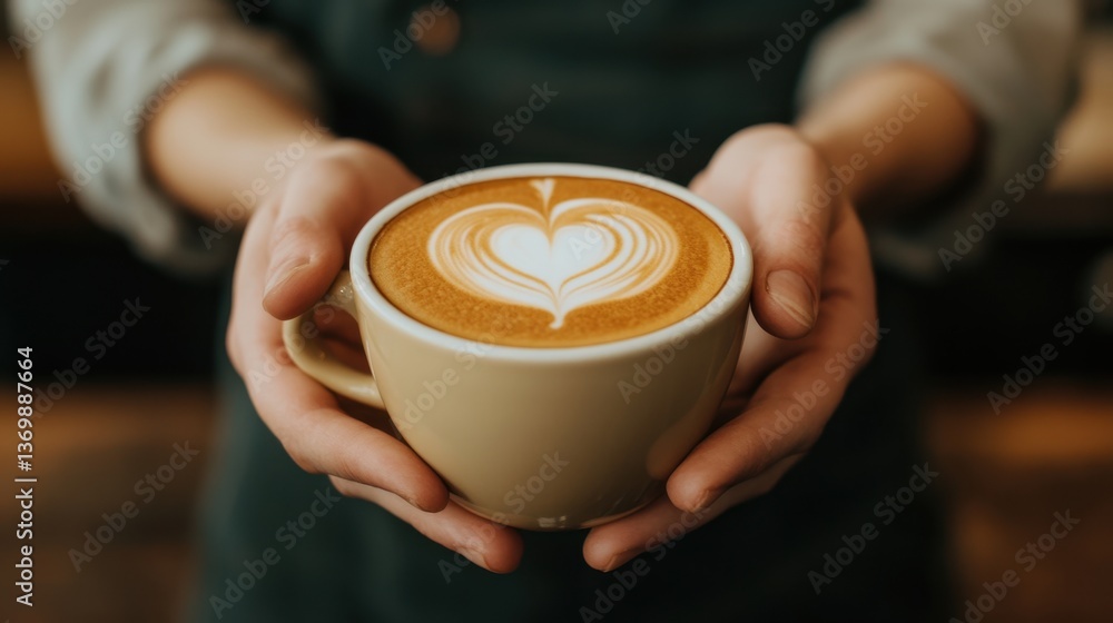 Barista Holding Coffee Cup with Heart-Shaped Latte Art in a Cozy Cafe Atmosphere Featuring Warm Tones and Inviting Environment Barista Holding Coffee Cup with Heart-Shaped Latte Art in a Cozy Cafe Atmosphere Featuring Warm Tones and Inviting Environment
