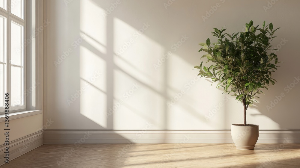 Foliage and Minimalism. A potted plant enhances the elegance of a bright and airy room. Foliage and Minimalism. A potted plant enhances the elegance of a bright and airy room.