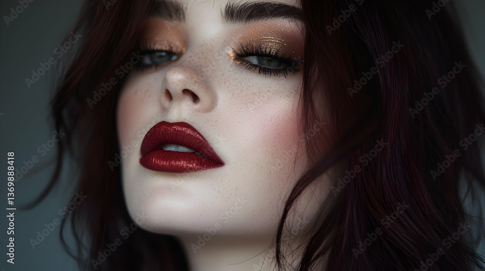 Close-Up Portrait of a Woman with Red Lipstick and Glitter Makeup Close-Up Portrait of a Woman with Red Lipstick and Glitter Makeup