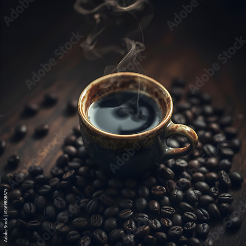 Steaming Black Coffee in Ceramic Cup on Coffee Beans, Dark Roasted Beverage, Hot Drink, Morning Brew, Aromatic Coffee Concept, Natural Coffee Beans, Cozy Atmosphere