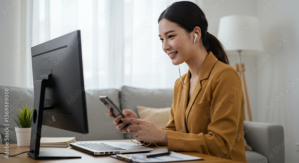 Young Businesswoman Working From Home Using Laptop and Phone Young Businesswoman Working From Home Using Laptop and Phone