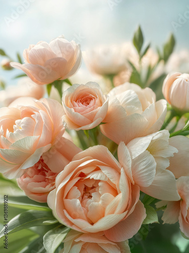 Soft peach-colored peonies in full bloom, delicate petals with a light pastel hue, floral close-up shot with a gentle, serene background