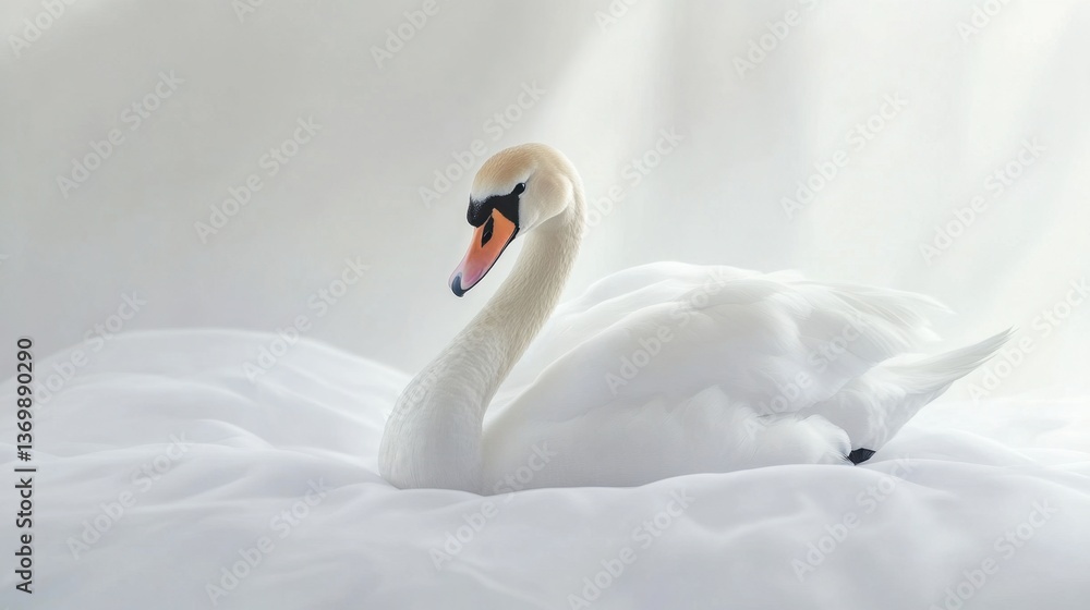 Fototapeta premium Graceful swan resting serenely on a soft cloud-like surface, showcasing elegance and beauty in a tranquil atmosphere, ideal for calm nature themes