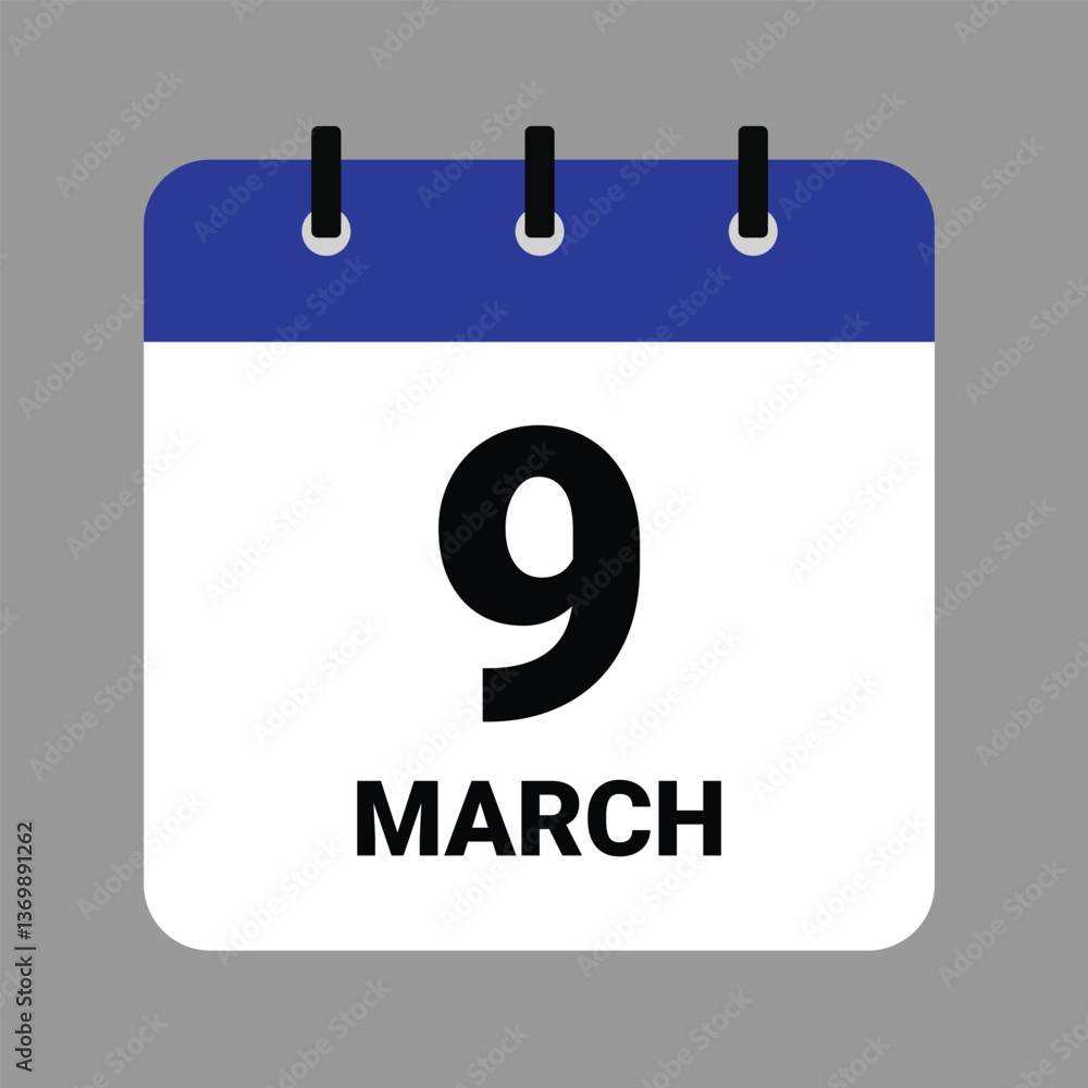 Vector illustration of a calendar icon showing dates and events. MARCH 9 Calendar Icon – Flat Design, Minimalist Date Illustration Vector illustration of a calendar icon showing dates and events. MARCH 9 Calendar Icon – Flat Design, Minimalist Date Illustration