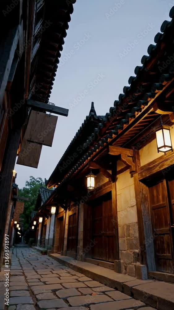 Evening stroll through historic lanternlit asian street with traditional architecture Evening stroll through historic lanternlit asian street with traditional architecture