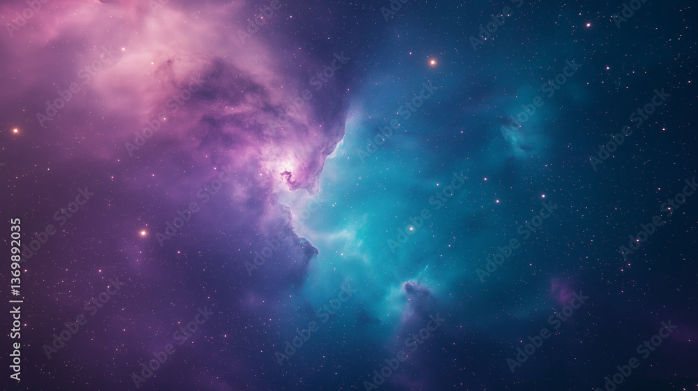 Fototapeta premium A dreamy cosmic nebula with swirling purple and blue hues, soft glowing stars scattered across the vast expanse, foreground featuring an empty space for text placement, ultra-detailed