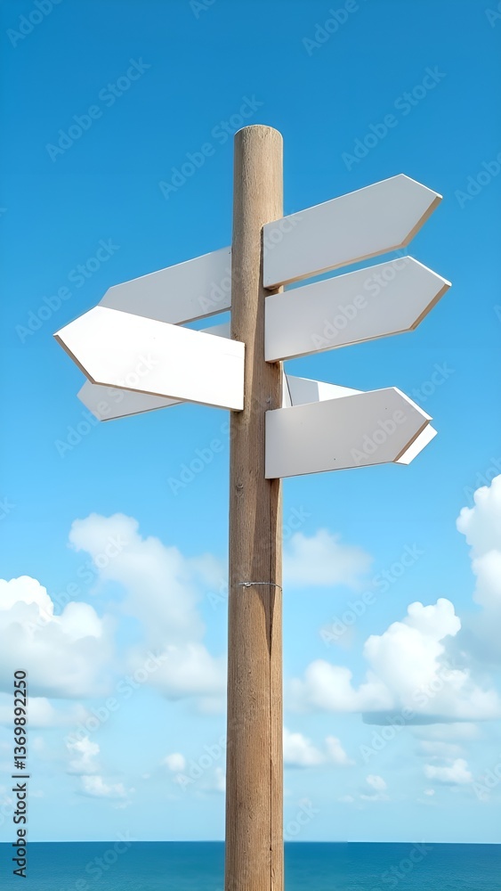direction signpost on the beach with blank road sign board, white arrow panels on blue sky background, destination guidance direction signpost on the beach with blank road sign board, white arrow panels on blue sky background, destination guidance