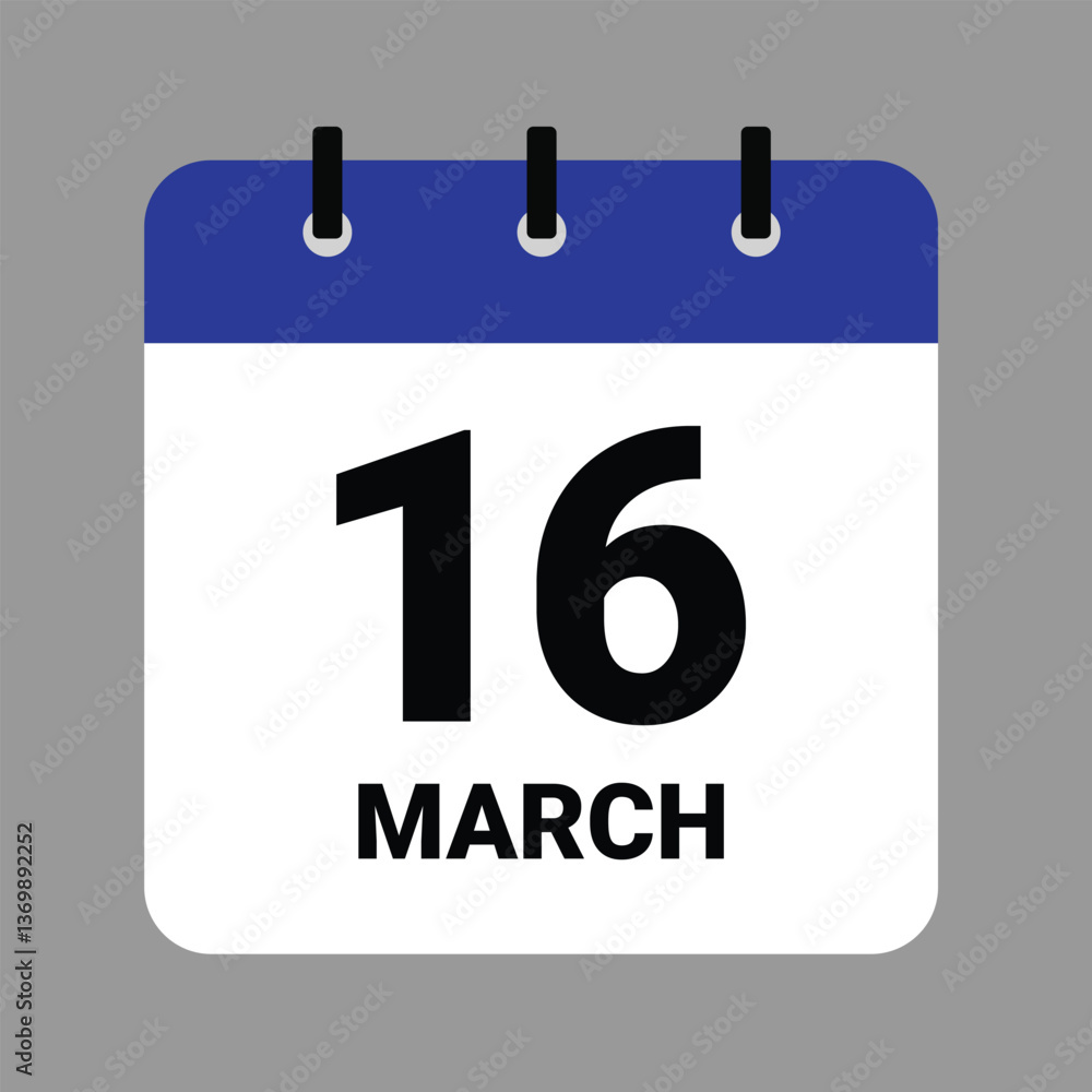 Vector illustration of a calendar icon showing dates and events. MARCH 16 Calendar Icon – Flat Design, Minimalist Date Illustration Vector illustration of a calendar icon showing dates and events. MARCH 16 Calendar Icon – Flat Design, Minimalist Date Illustration
