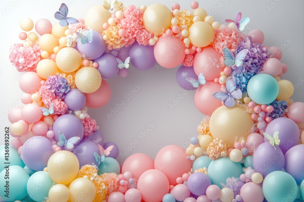 Pastel Themed Balloon Arrangement and Butterflies. A charming balloon decoration with soft hues and delicate butterflies. Pastel Themed Balloon Arrangement and Butterflies. A charming balloon decoration with soft hues and delicate butterflies.