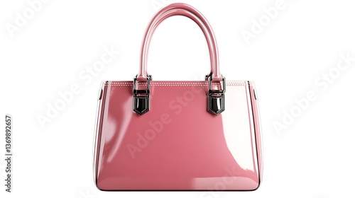 Elegant Pink Patent Leather Handbag with Chrome Hardware, Isolated on White Background.