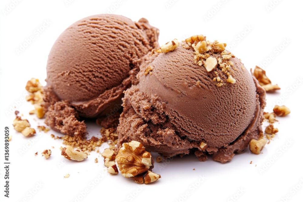 Chocolate ice cream scoops with crushed nuts on a white background Chocolate ice cream scoops with crushed nuts on a white background