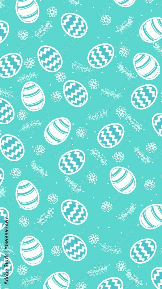 Seamless vertical Easter-themed looping animation. Features white patterned eggs with zigzags and stripes, flowers, leaves, and dots on a turquoise background, creating a cheerful festive vibe. Seamless vertical Easter-themed looping animation. Features white patterned eggs with zigzags and stripes, flowers, leaves, and dots on a turquoise background, creating a cheerful festive vibe.