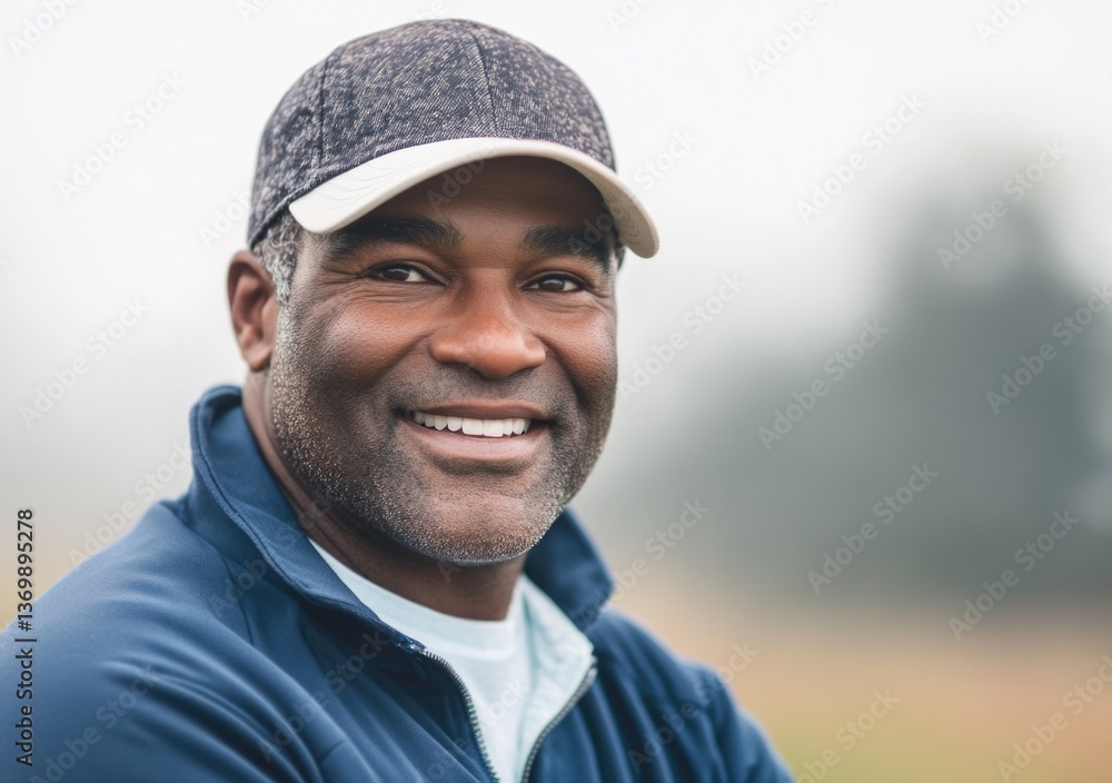 Smiling man in a cap enjoying a foggy morning walk in a park surrounded by nature Smiling man in a cap enjoying a foggy morning walk in a park surrounded by nature
