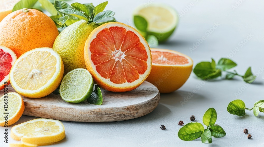 Vibrant citrus fruits, sliced and whole, arranged on a wooden board Vibrant citrus fruits, sliced and whole, arranged on a wooden board